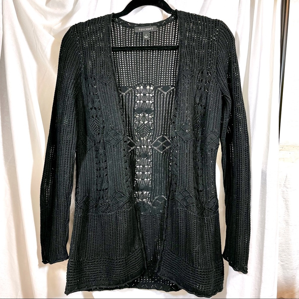 🆕 Foxcroft Hand Knit Crochet Open Front Black Duster Cardigan Sweater, Size S